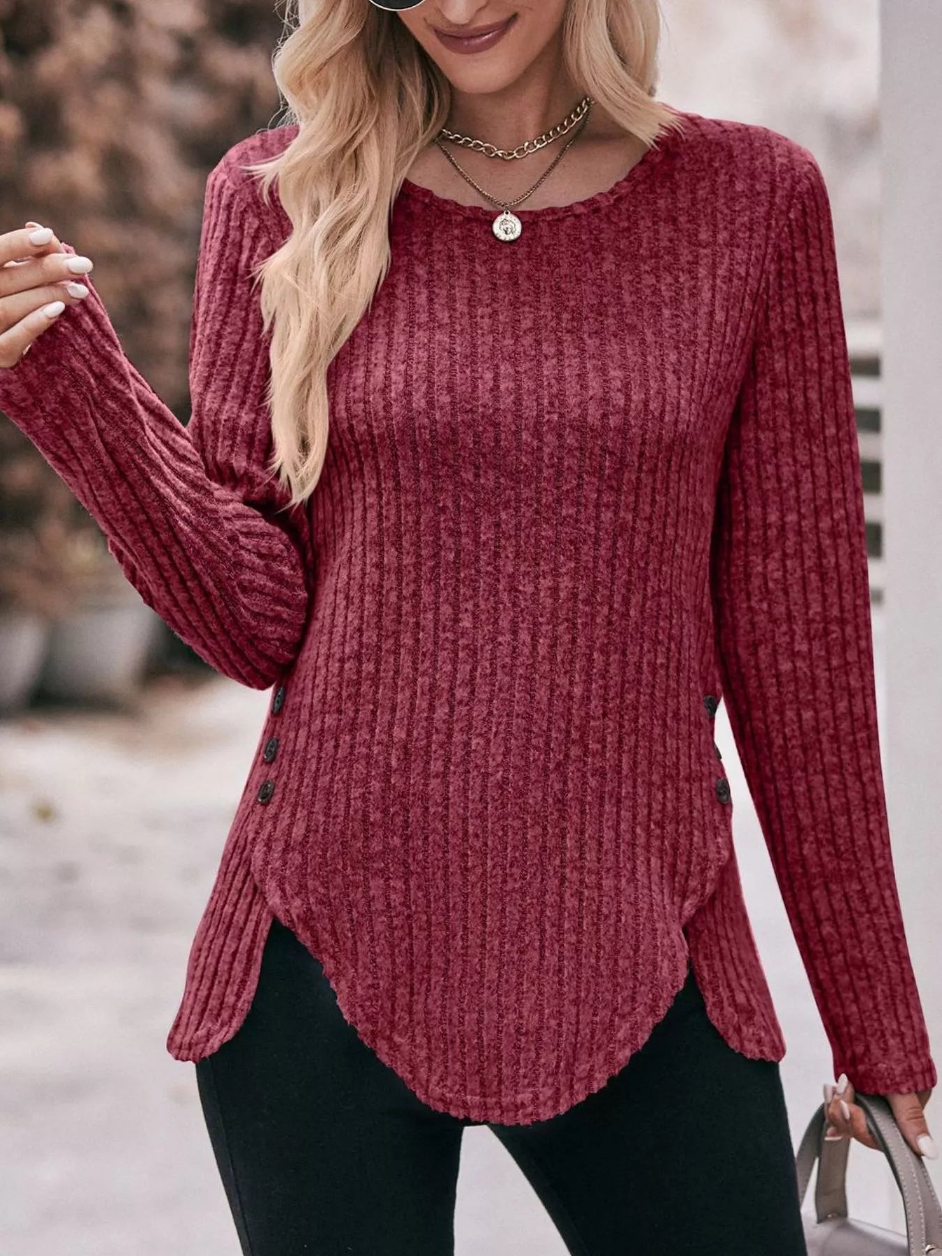 Ribbed Knit Long Sleeve T-Shirt