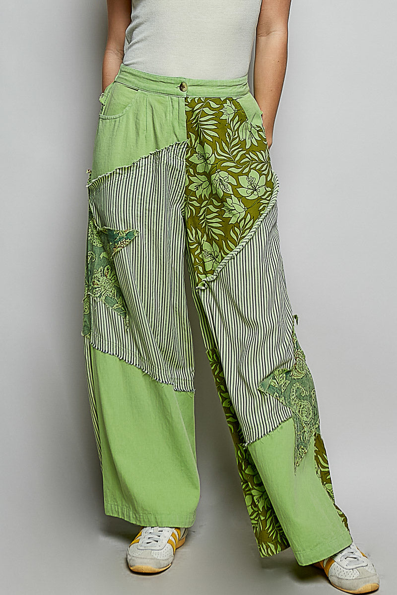 POL Striped Floral Patchwork Wide leg Pants with Side Big Star Patch