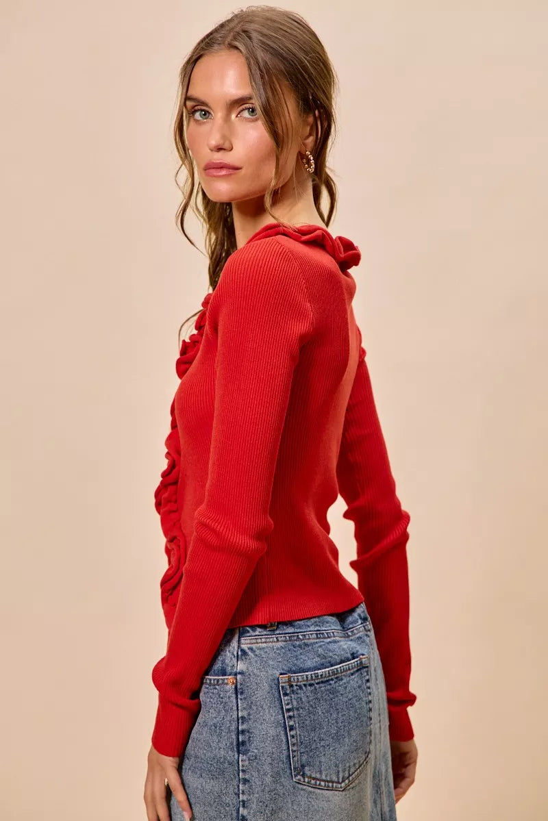 SO ME Cascade Ruffle Ribbed Sweater Cardgian