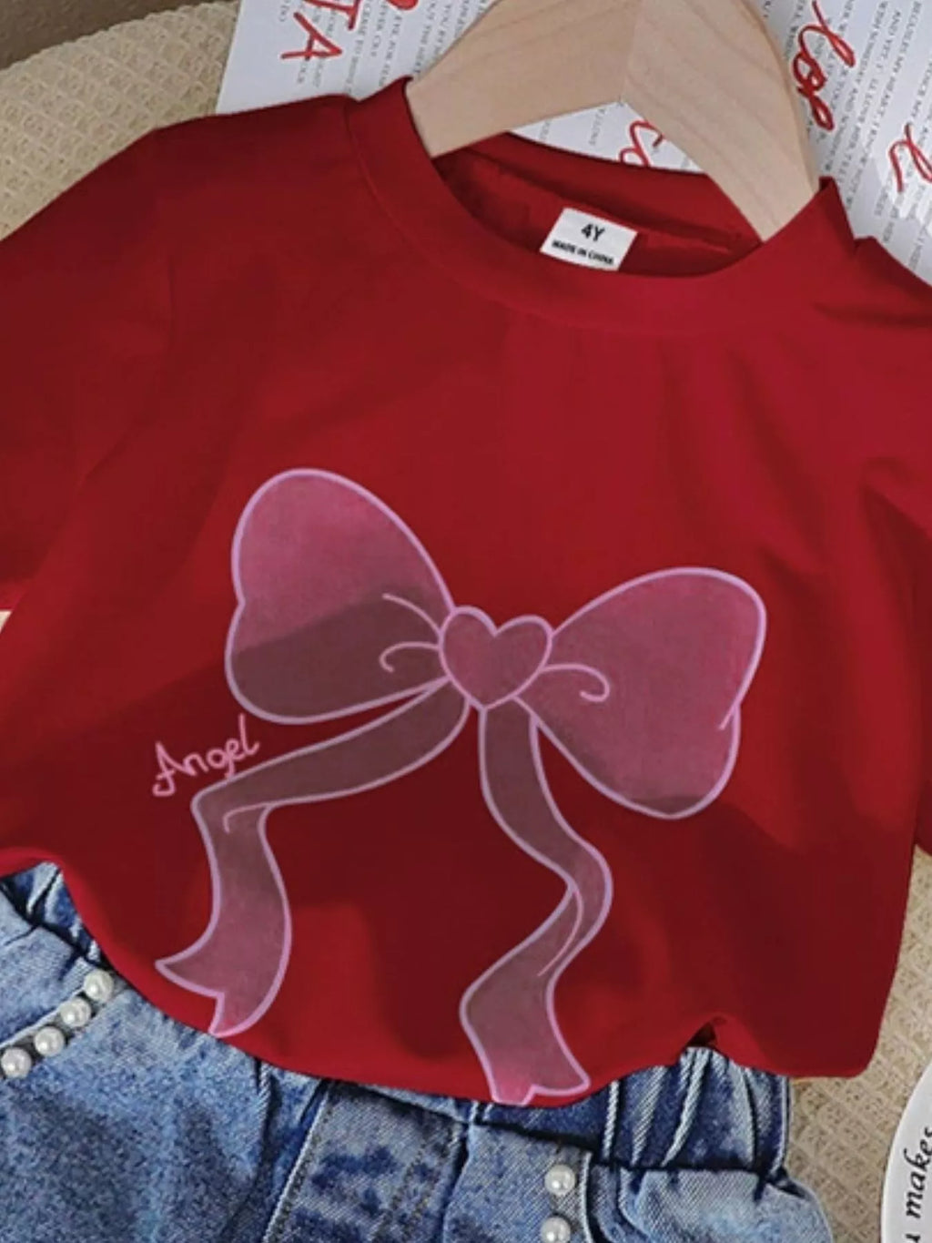 Children's Bowknot T-shirt and Denim Shorts Set