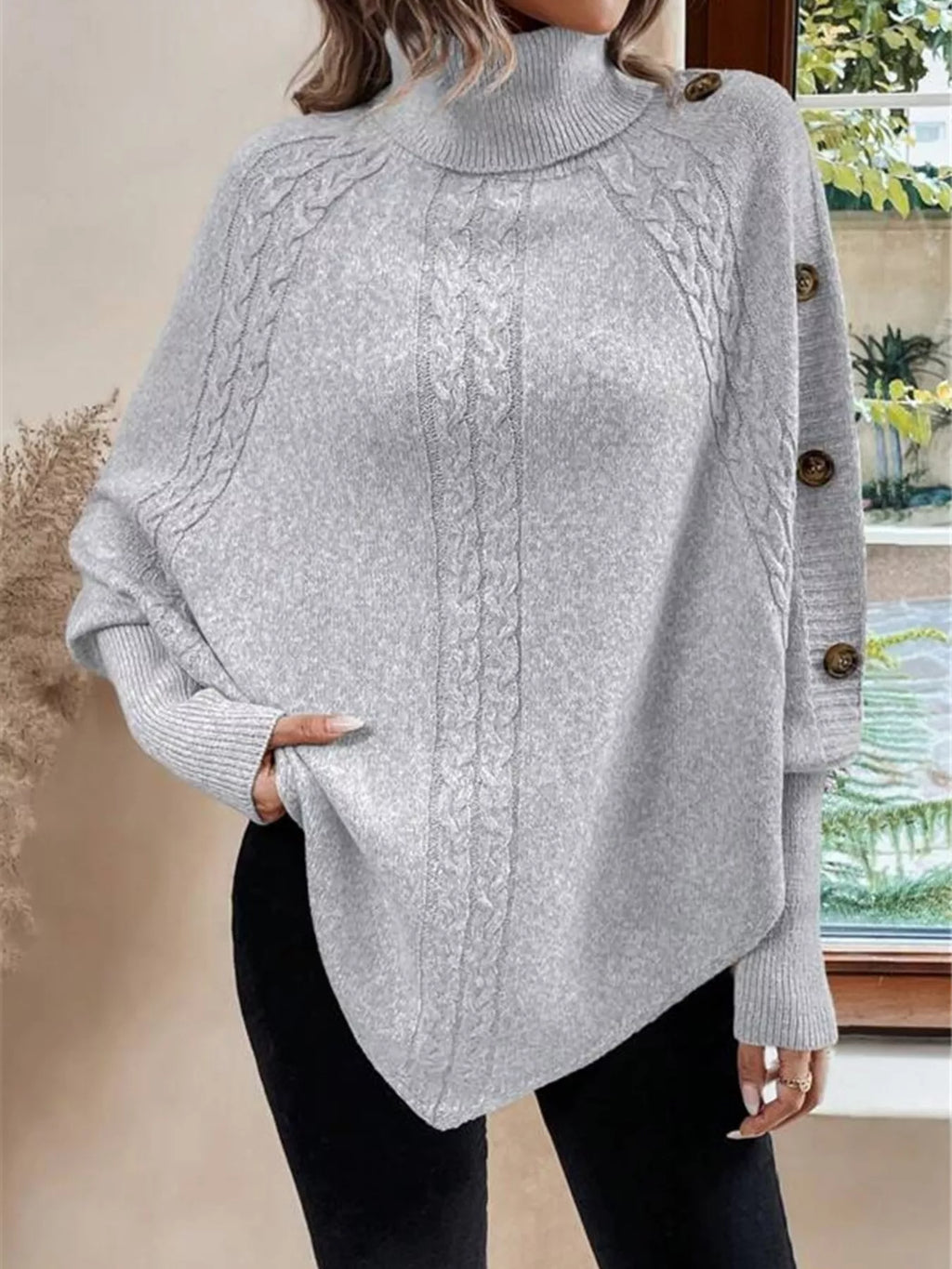 Cable Knit Turtleneck Cape Sweater