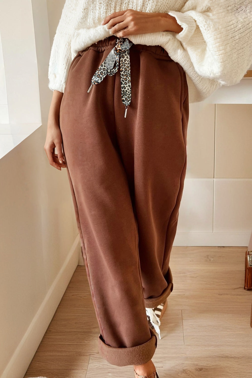 Leopard Drawstring Fleece Lined Elastic Waist Pants