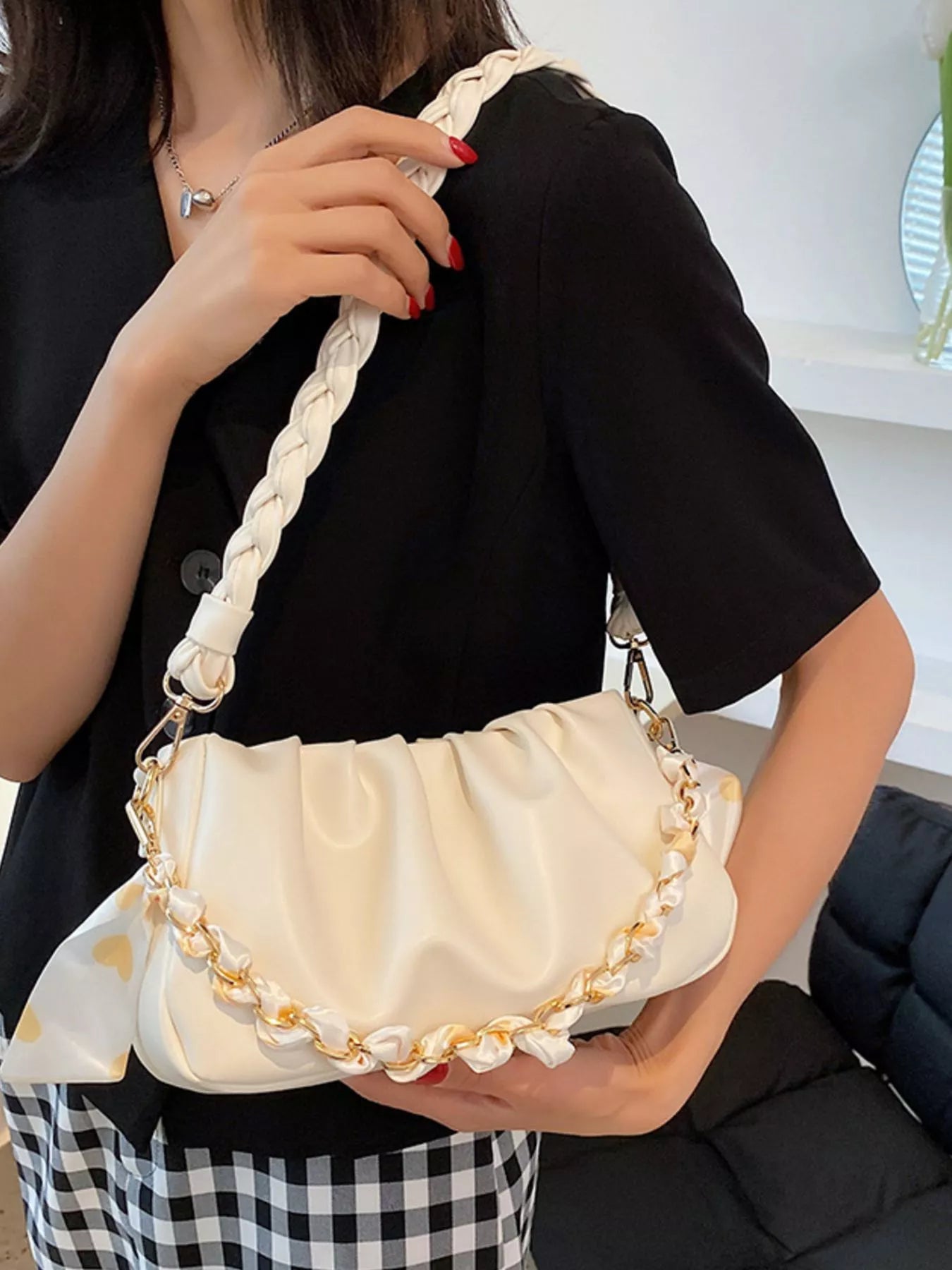 Ruched Braided Handle Shoulder Bag