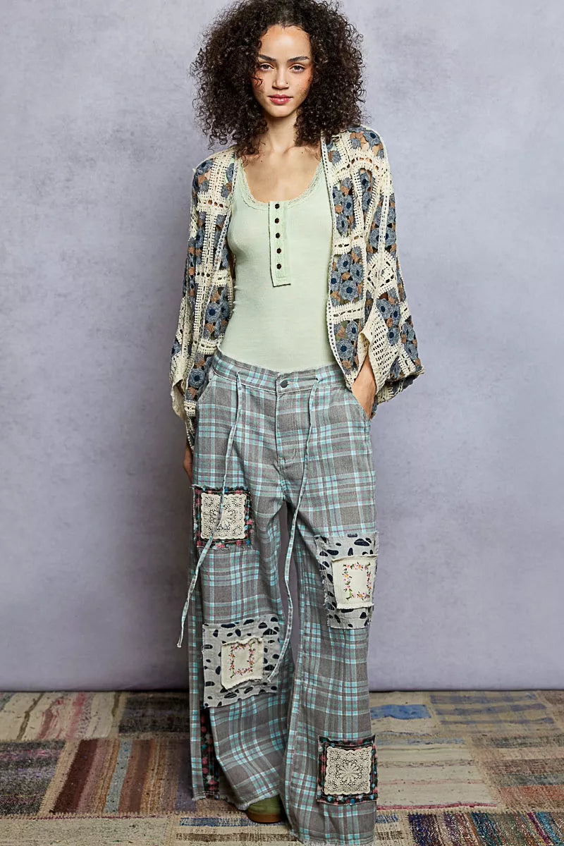 POL Open Front Floral Crochet Cardigan