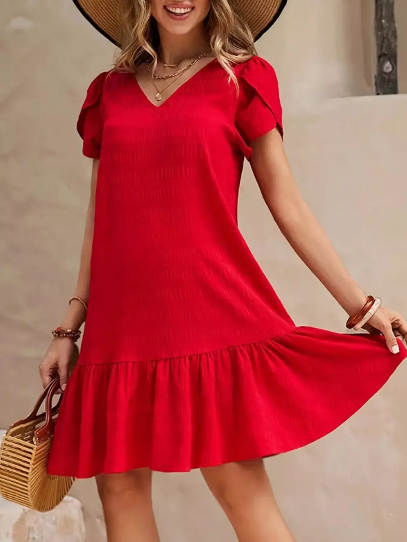 V-Neck Ruffle Hem Textured Mini Dress