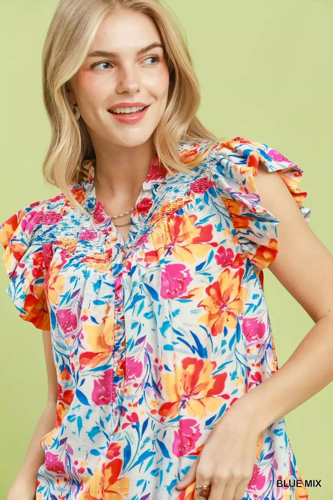 Umgee Smocked Yoke Ruffle Sleeve Floral Blouse