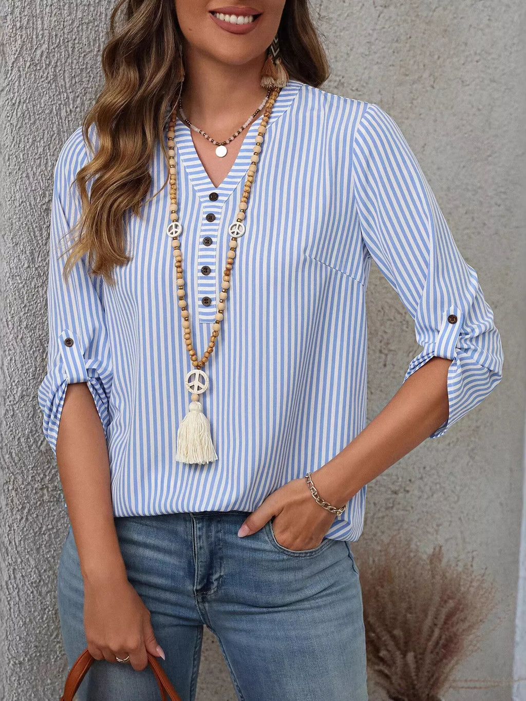 Striped V-Neck Roll-Up Sleeve Blouse