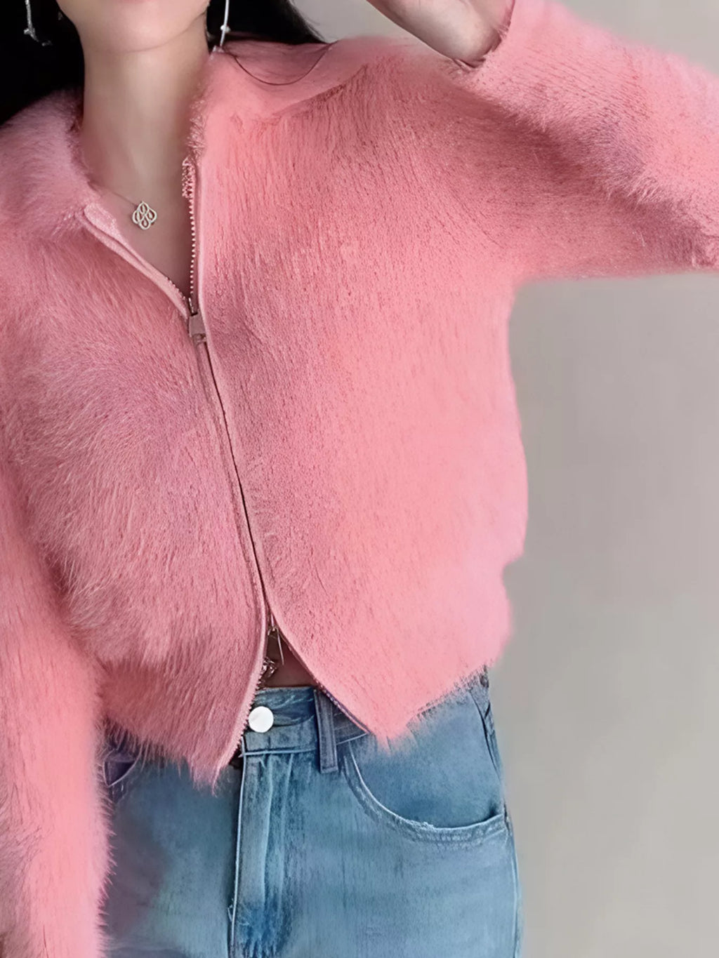 Fluffy Knit Zip-Up Outerwear