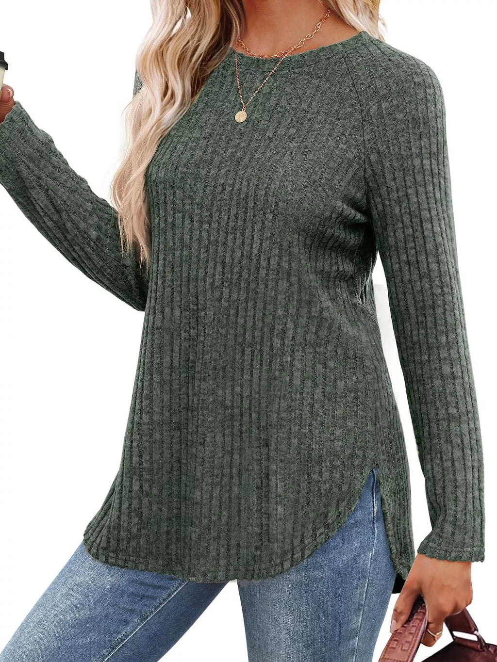 Ribbed Knit Long Sleeve T-Shirt