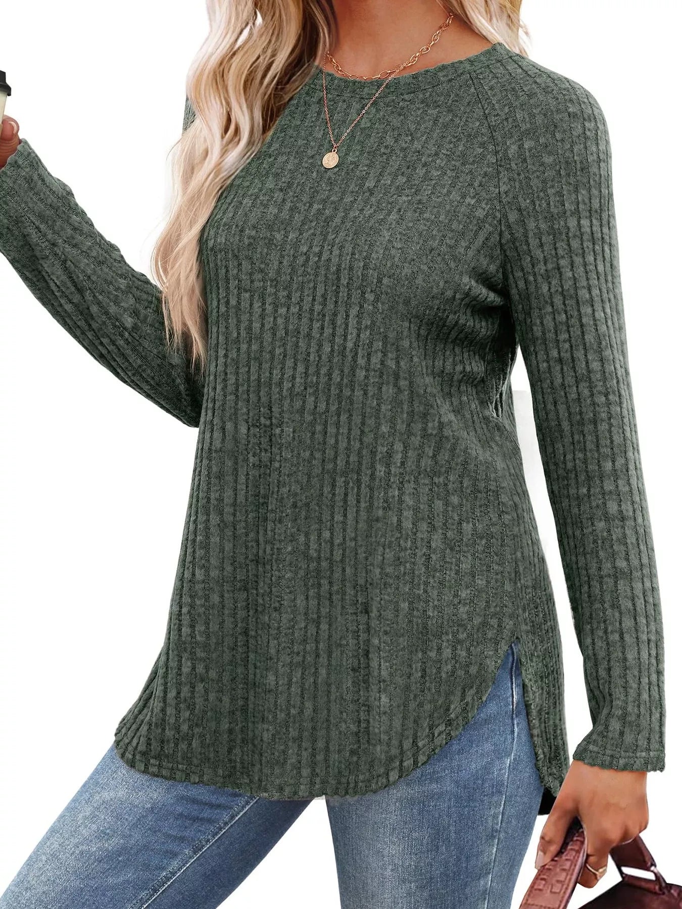 Ribbed Knit Long Sleeve T-Shirt