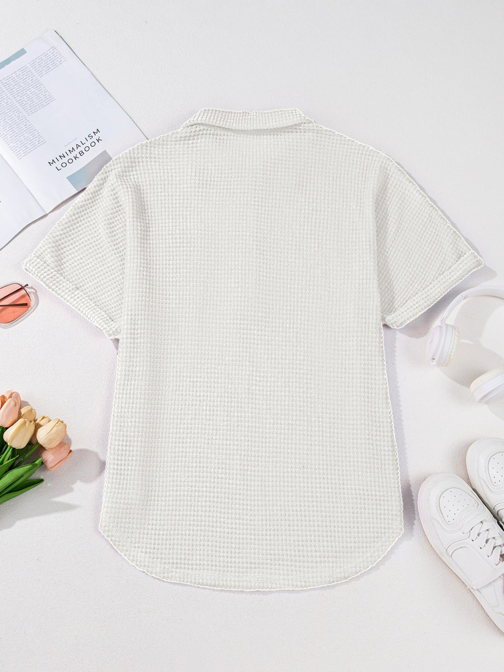 Waffle Knit Button Detail Top