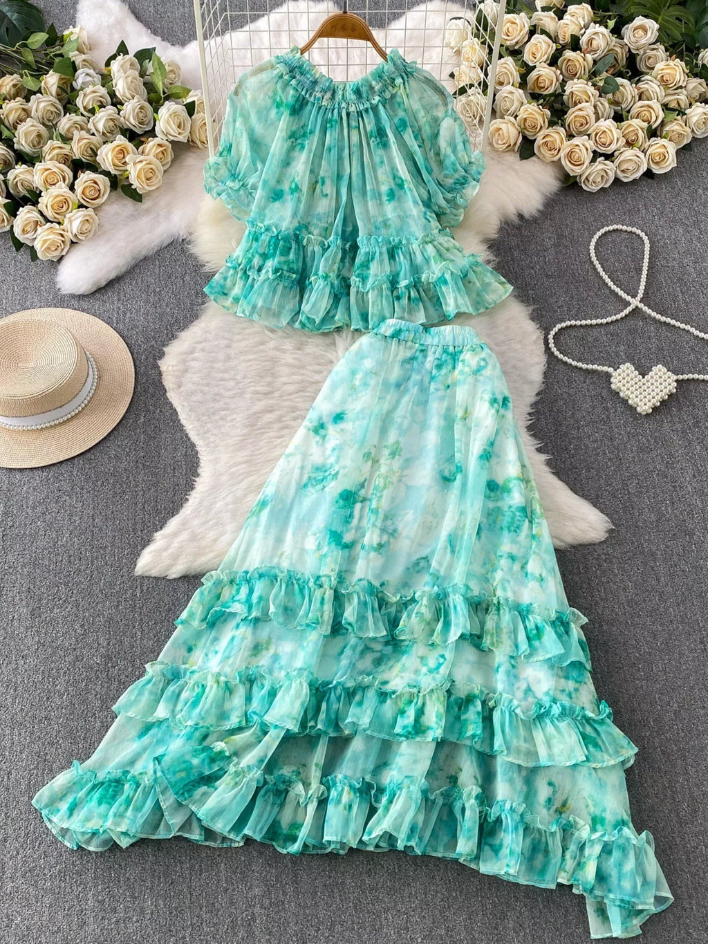 Floral Print Ruffle Hem Blouse and Skirt Set