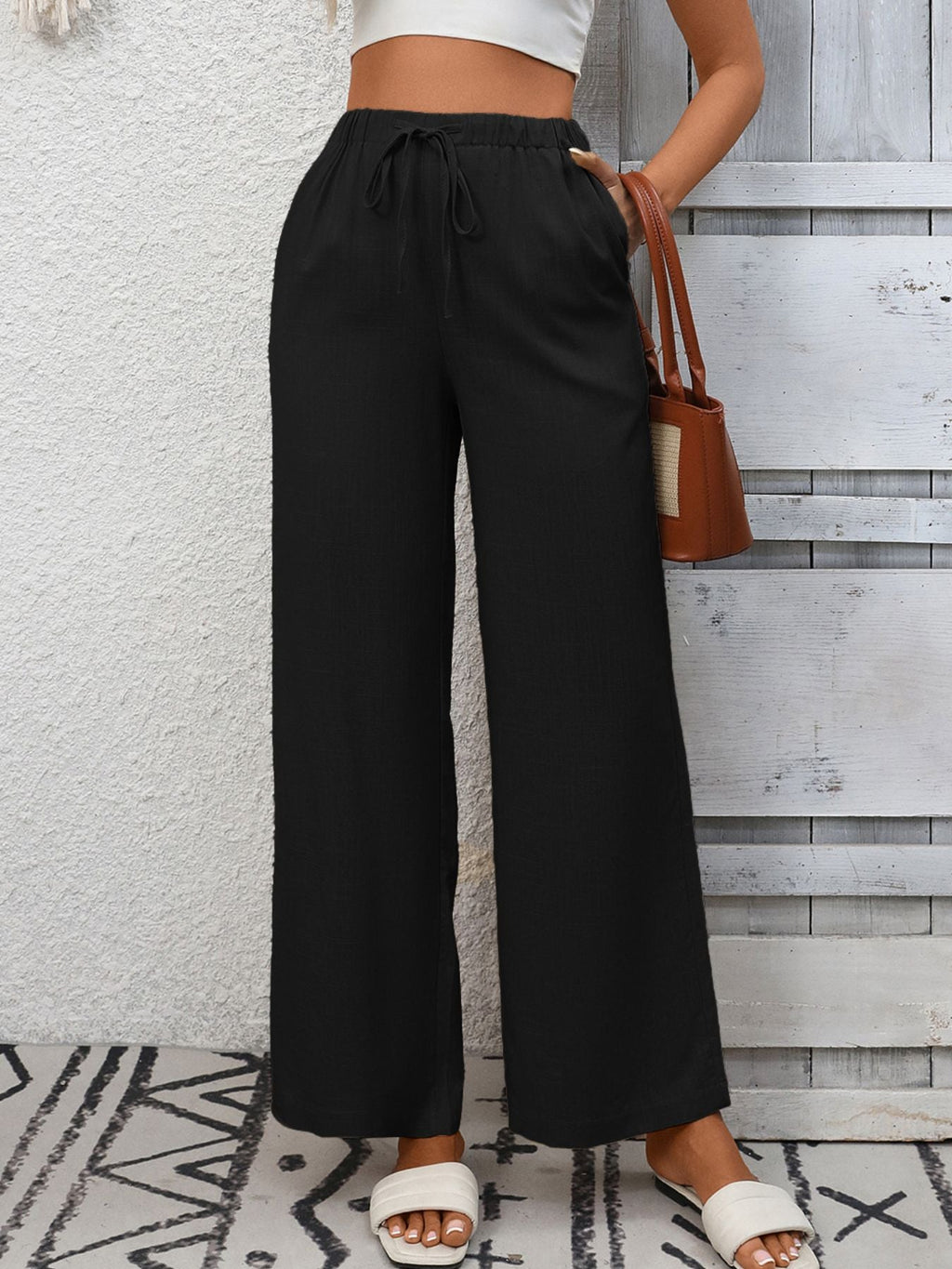 Drawstring High Waist Wide Leg Pants