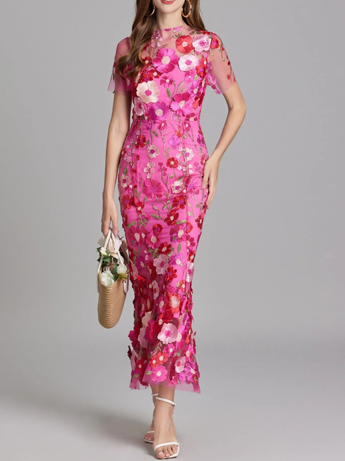 Floral Embroidered Mesh Overlay Maxi Dress