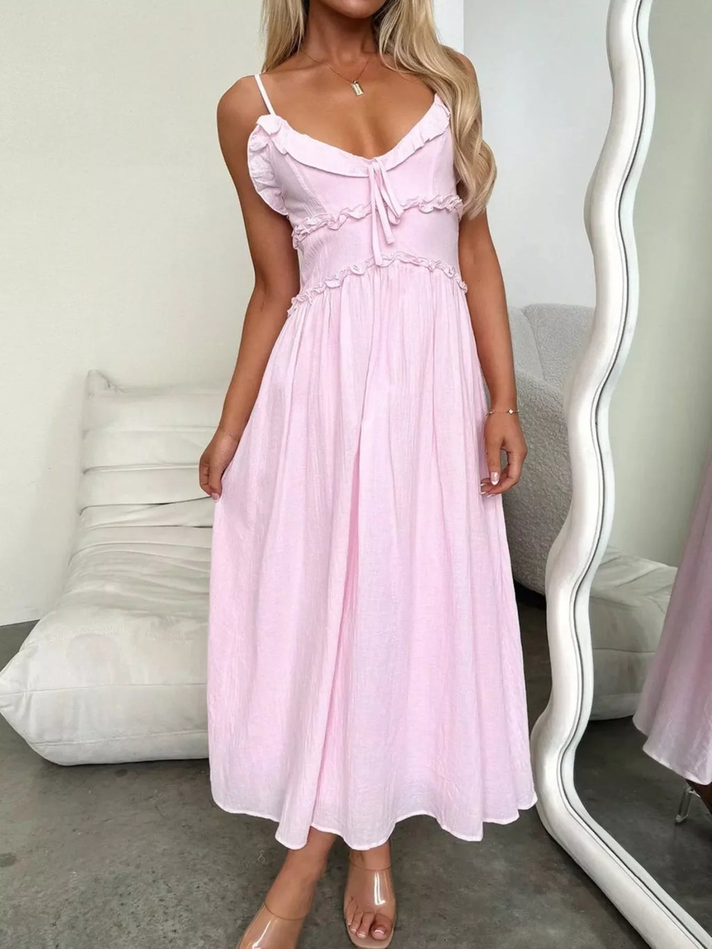 Ruffled Trimmed Spaghetti Strap Midi Dress
