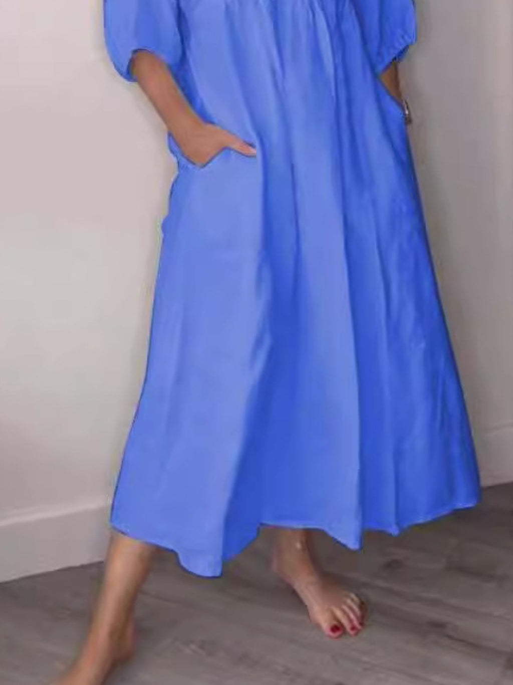 Full Size V-Neck Loose Fit Midi Dress with Pockets Plus Size