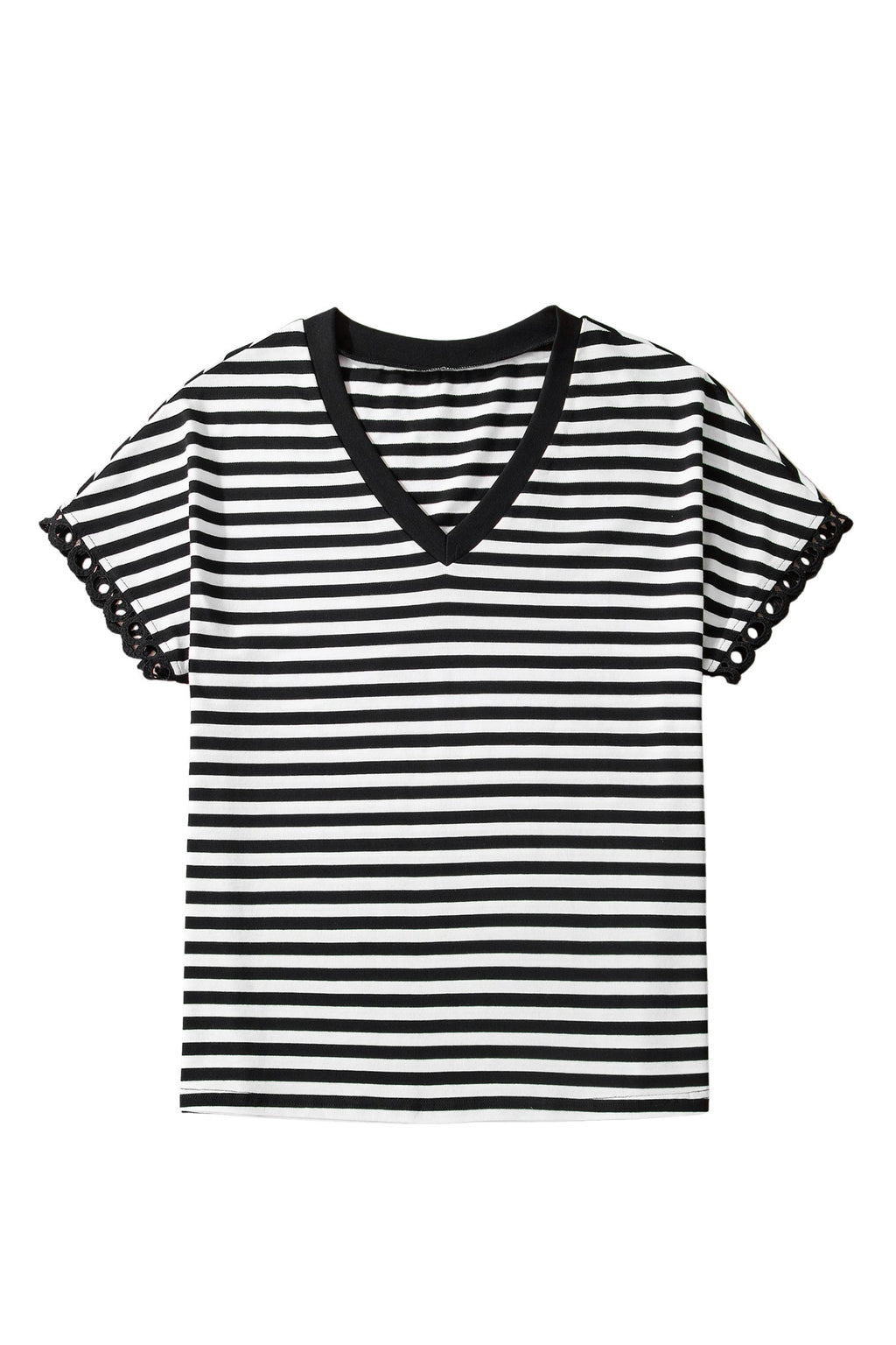 Stripe V-Neck Lace Trim Short Sleeve Tee