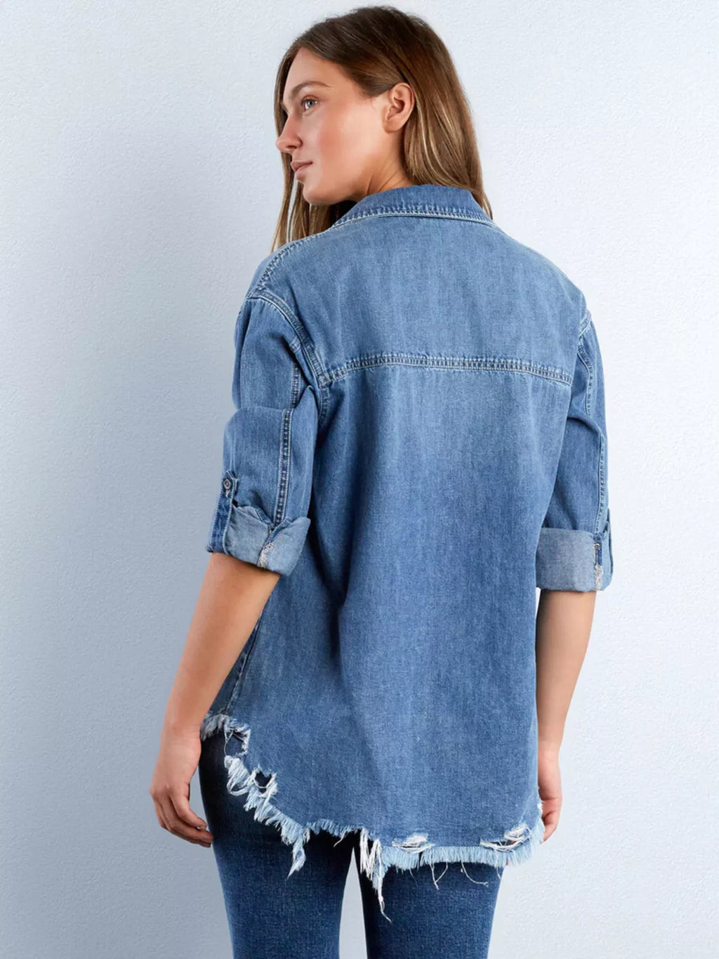 Frayed Hem Roll-Up Sleeve Denim Shirt