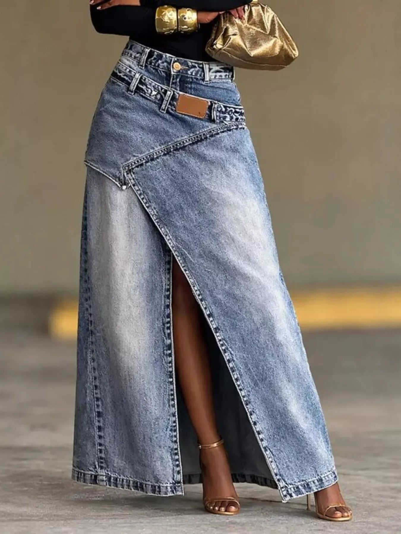 High-Waisted Slit Denim Skirt