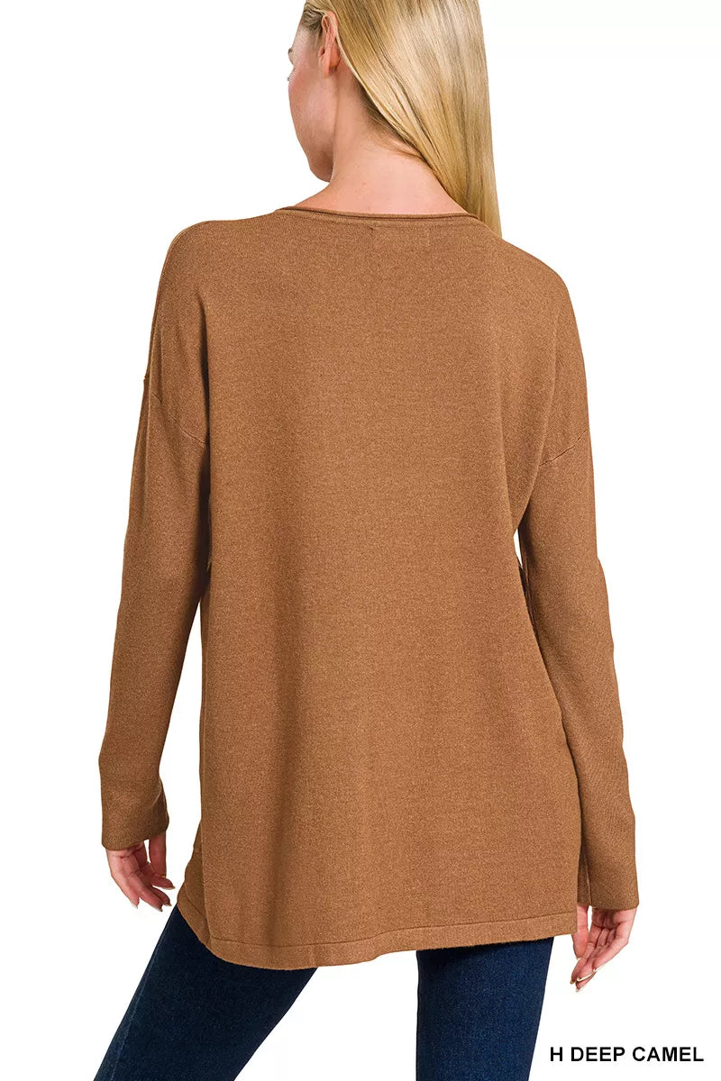 Zenana Viscose Long Sleeve Front Pockets Sweater