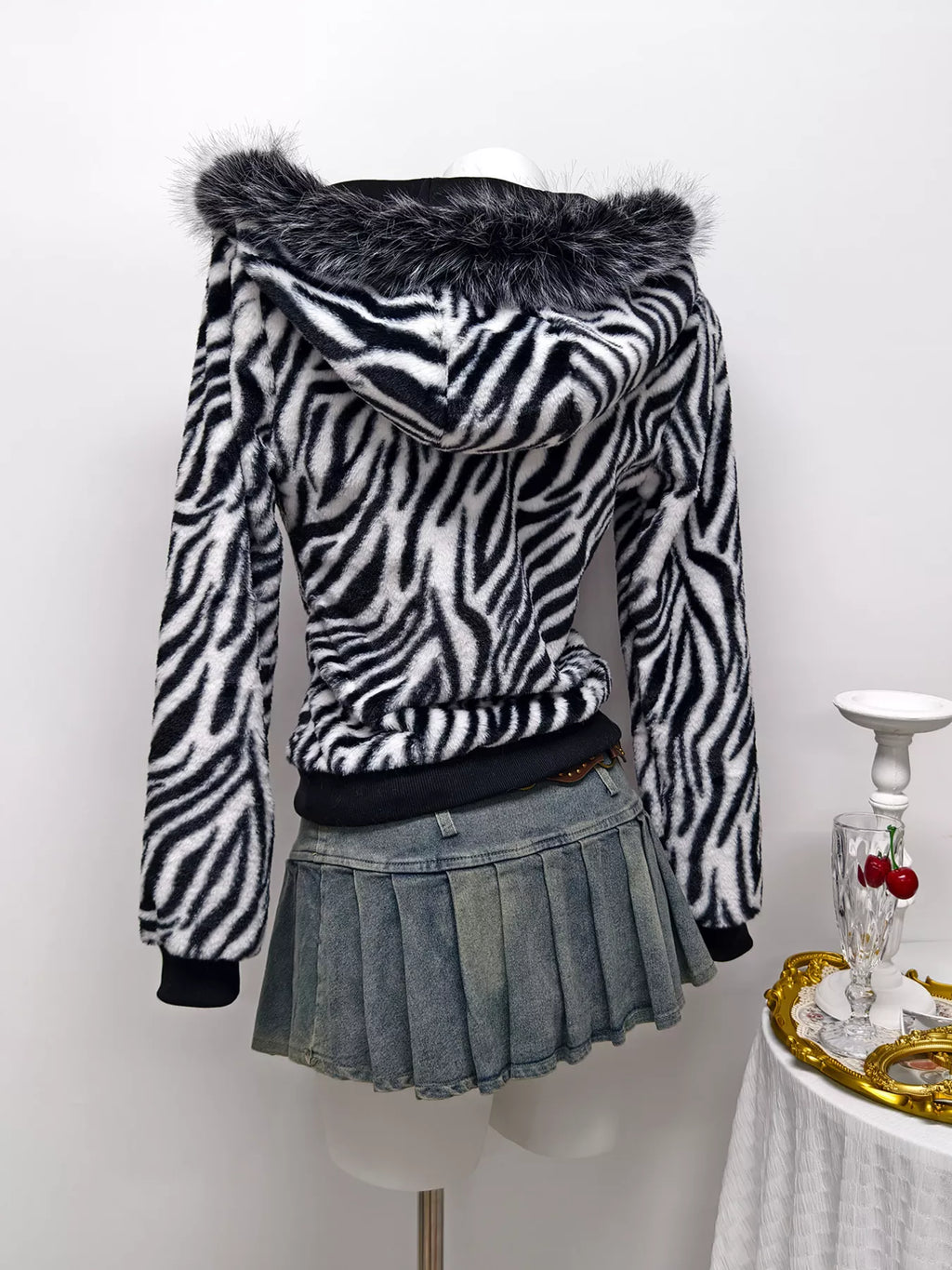 Zebra Faux Fur Hooded Zip-Up Outerwear