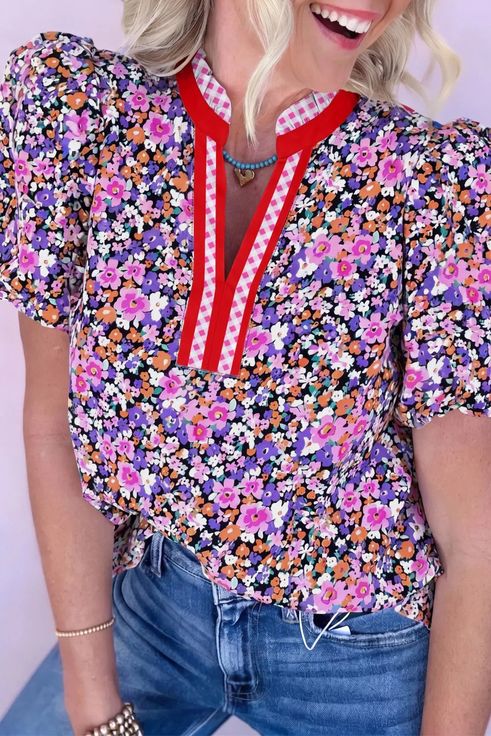 Ditsy Floral Print Plaid Colorblock Trim V Neck Blouse
