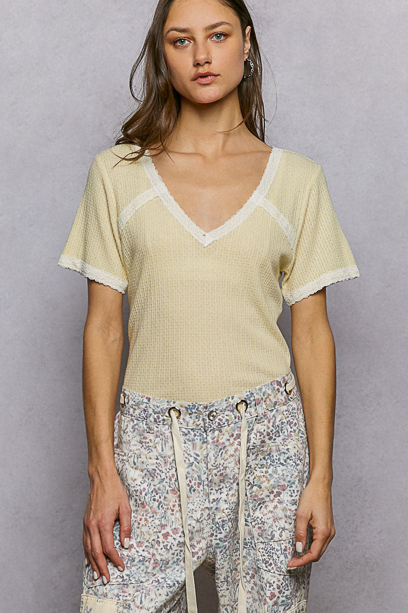 POL Lace Detail V-Neck Short Sleeve Textured T-Shirt