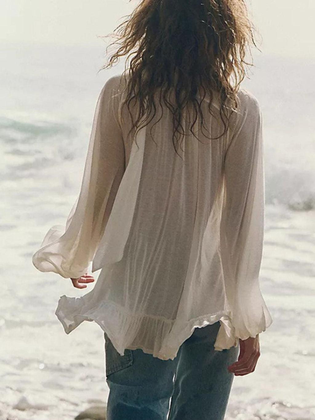 Sheer Ruffle Trim Beach Cover-Up