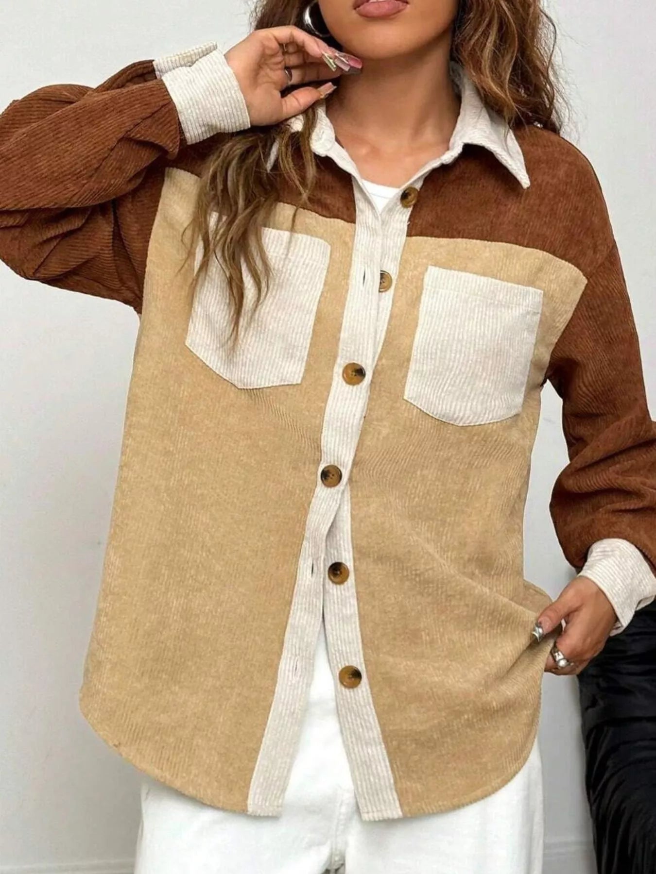 Color Block Corduroy Button-Up Jacket