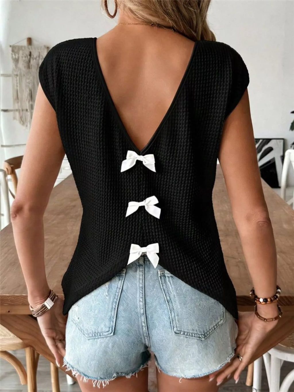 Waffle Knit V-Neck Cap Sleeve Top