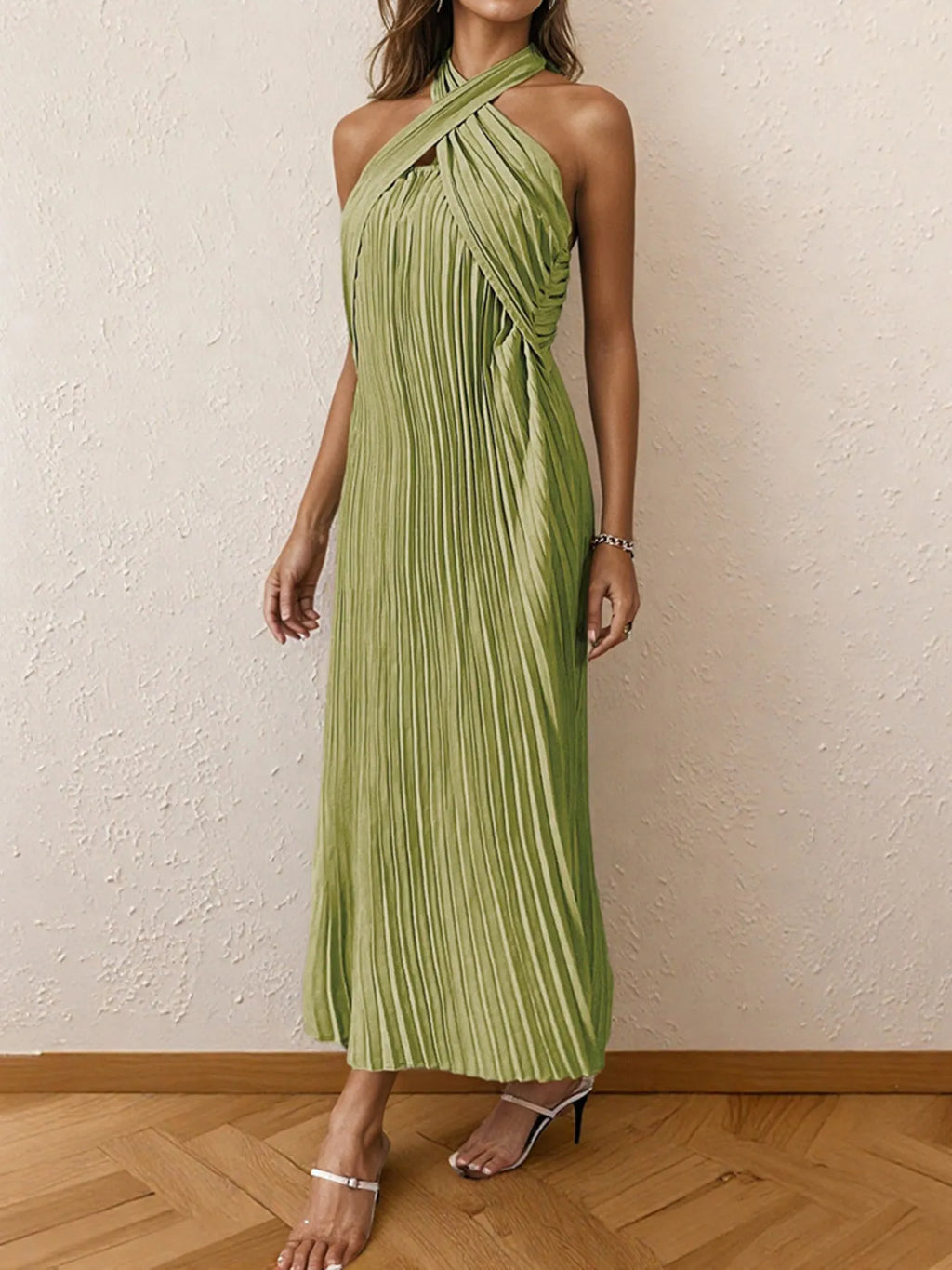 Pleated Halter Neck Midi Dress