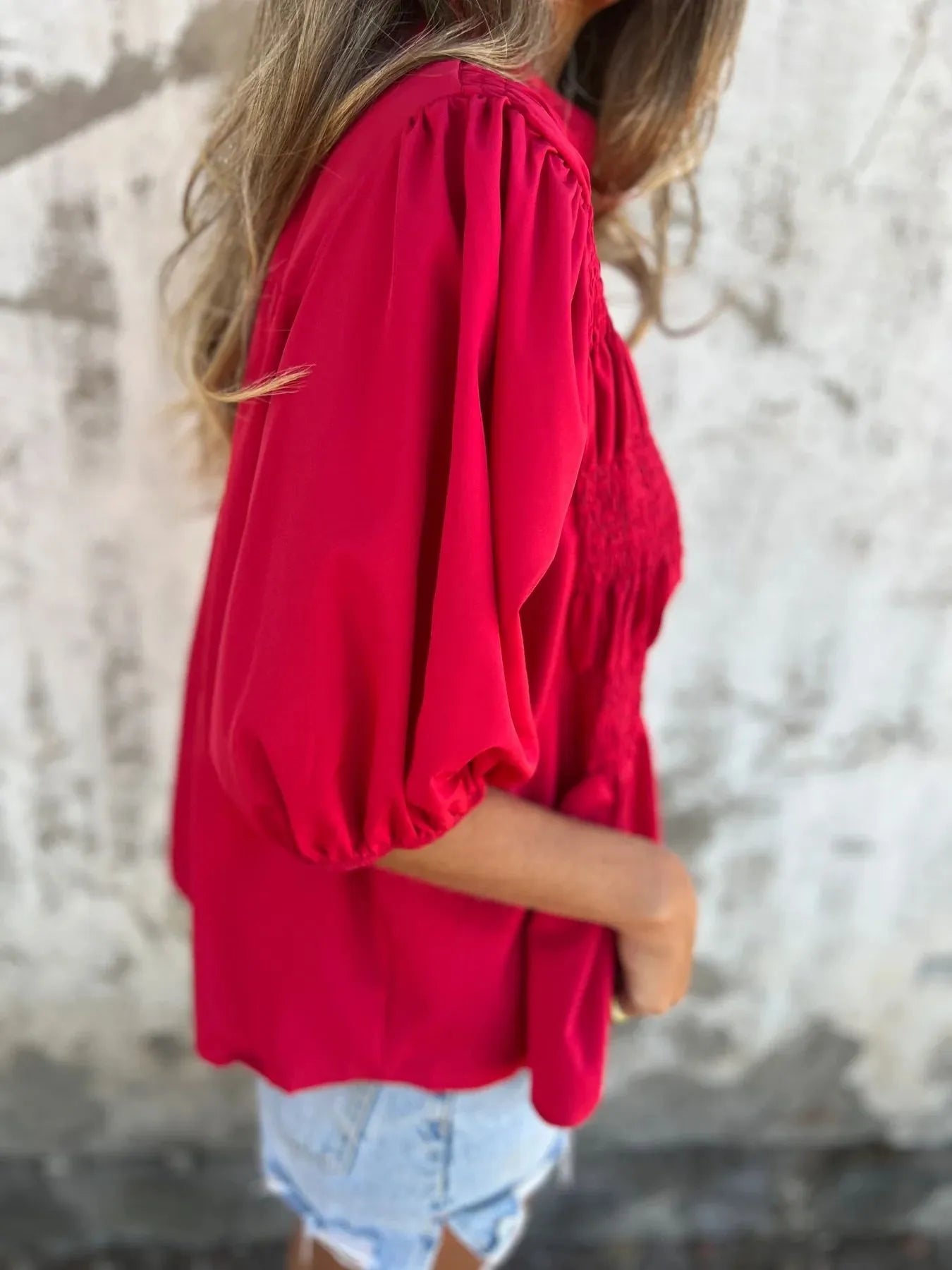 Full Size Smocked Puff Sleeve Blouse Plus Size