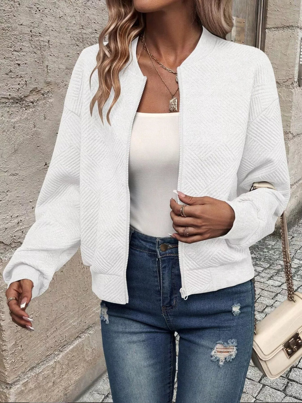 Texture Zip-Up Bomber Jacket