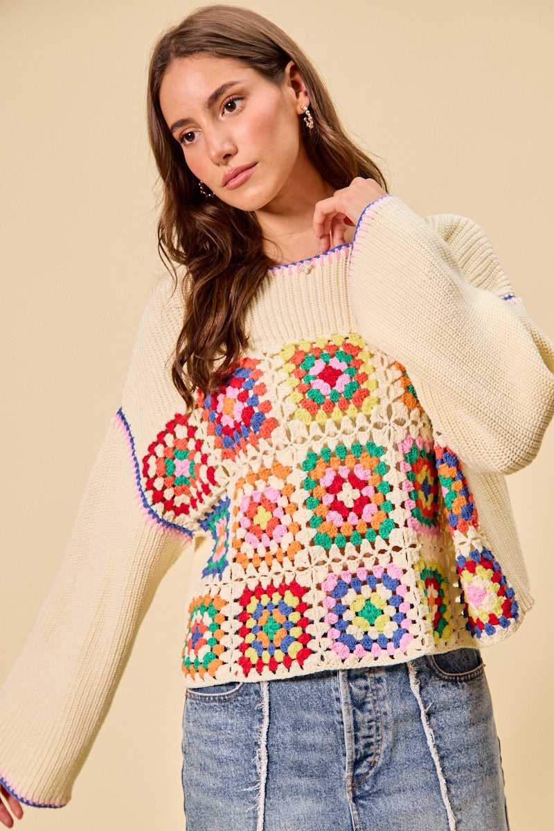 SO ME Multi Color Granny Crochet Lace Sweater Top
