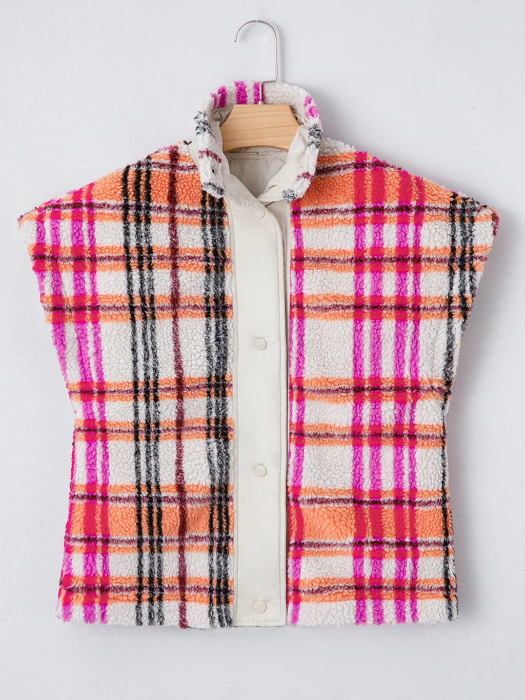 Sherpa Plaid Snap Down Vest Coat