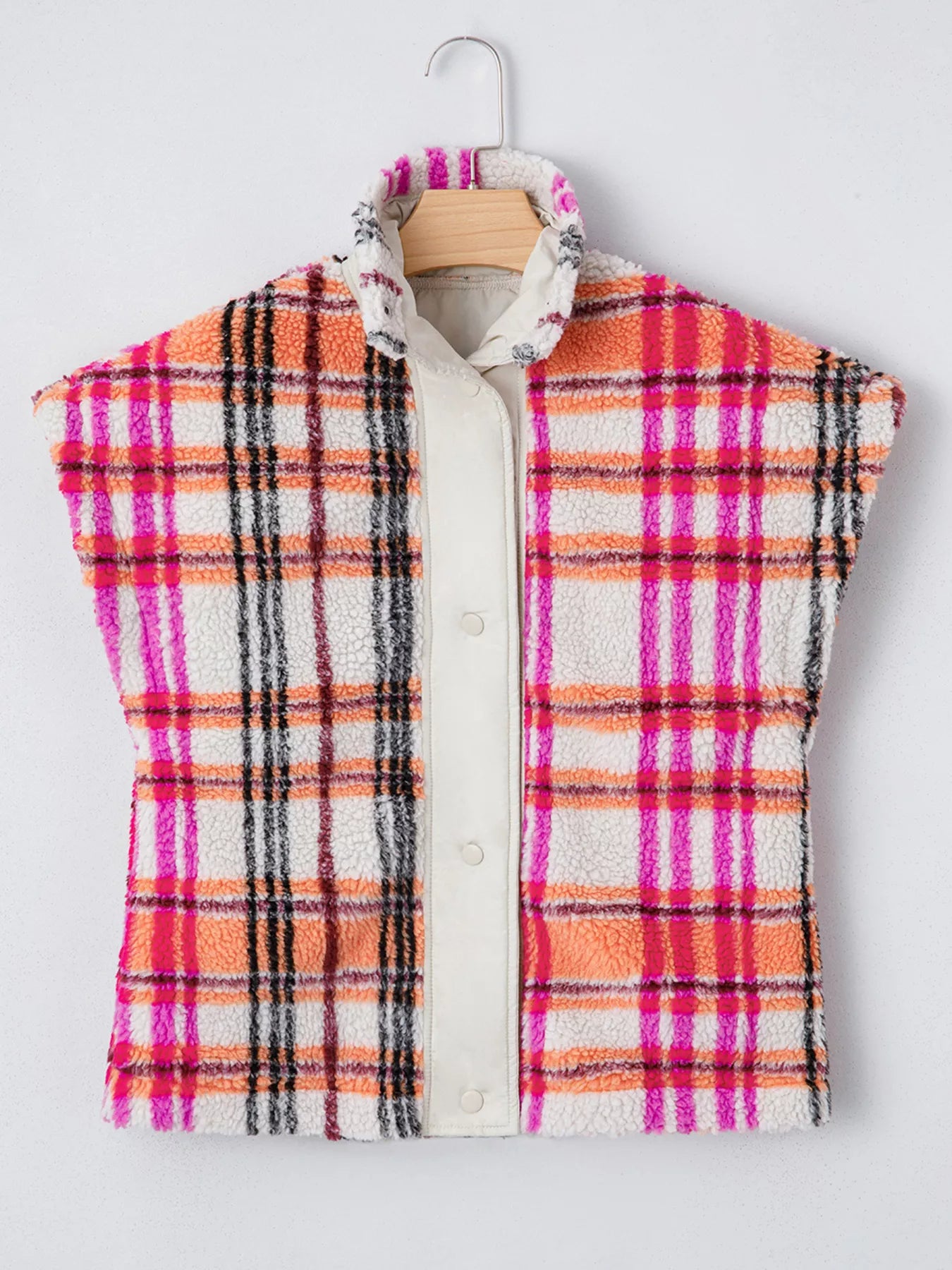 Sherpa Plaid Snap Down Vest Coat