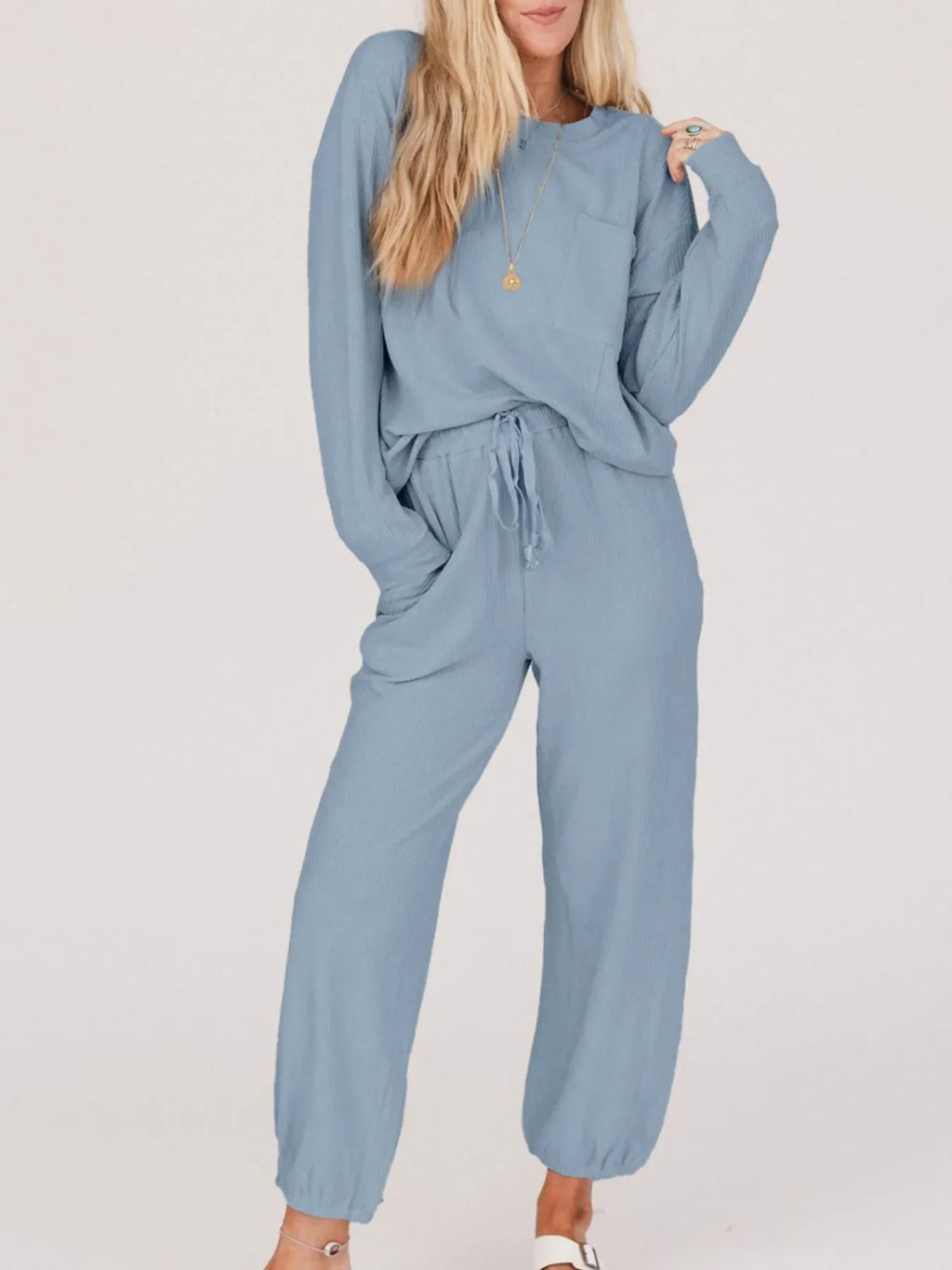 Ribbed Round Neck Sweatshirt and Drawstring Pants Set