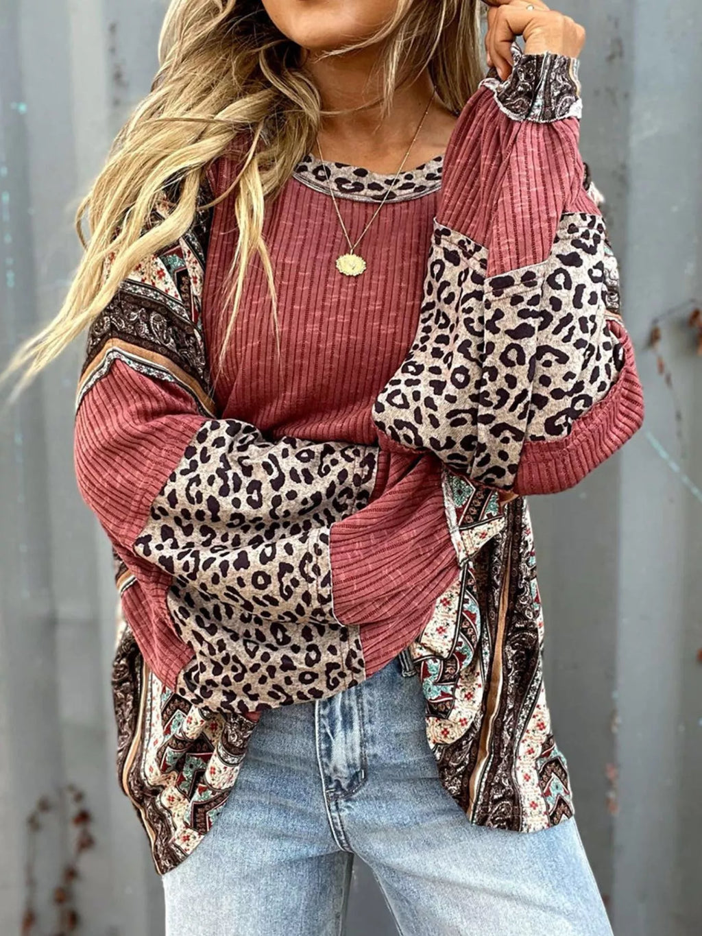 Leopard Color Block Ribbed Top