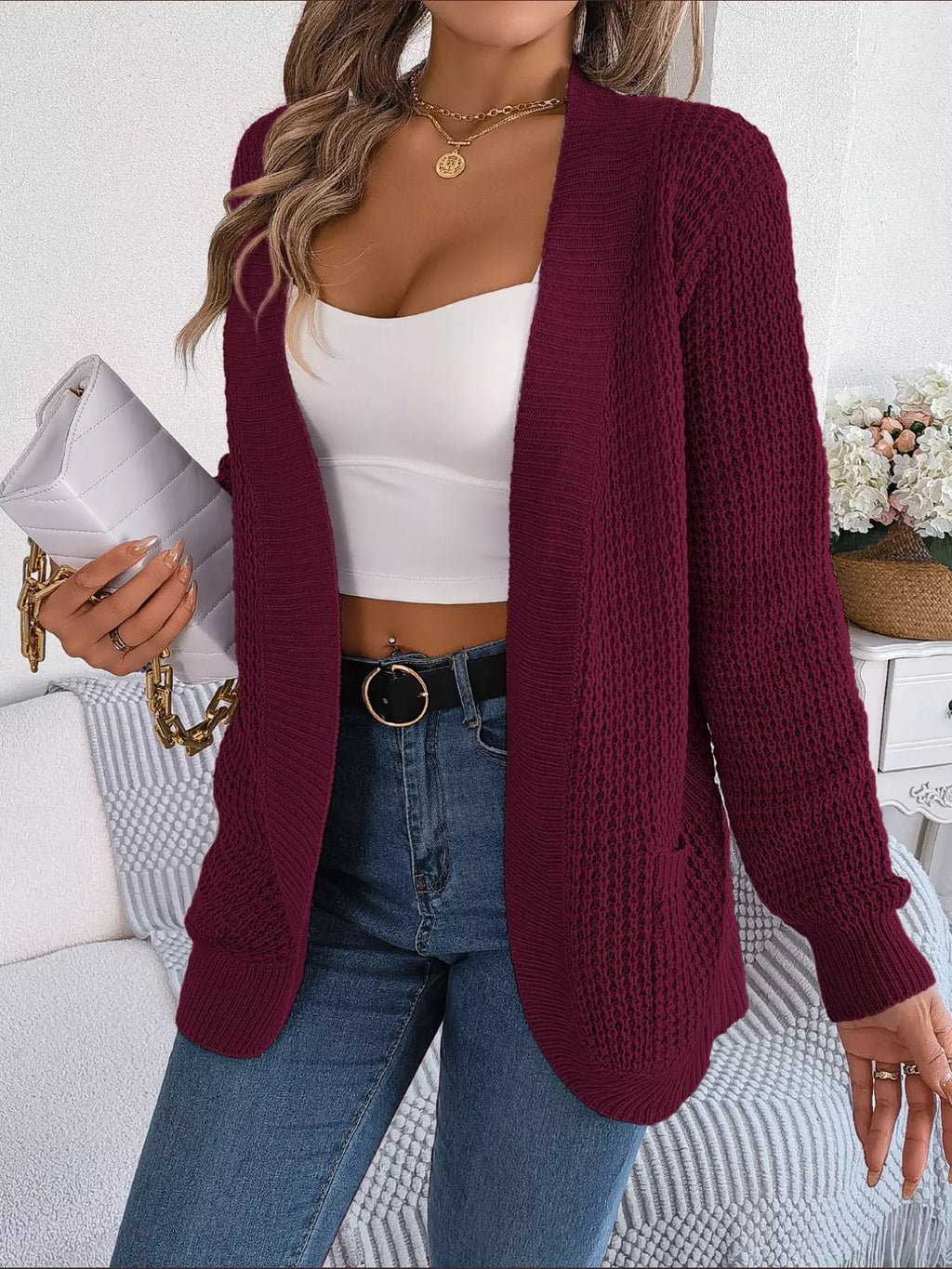 Chunky Knit Open Front Cardigan with Pockets