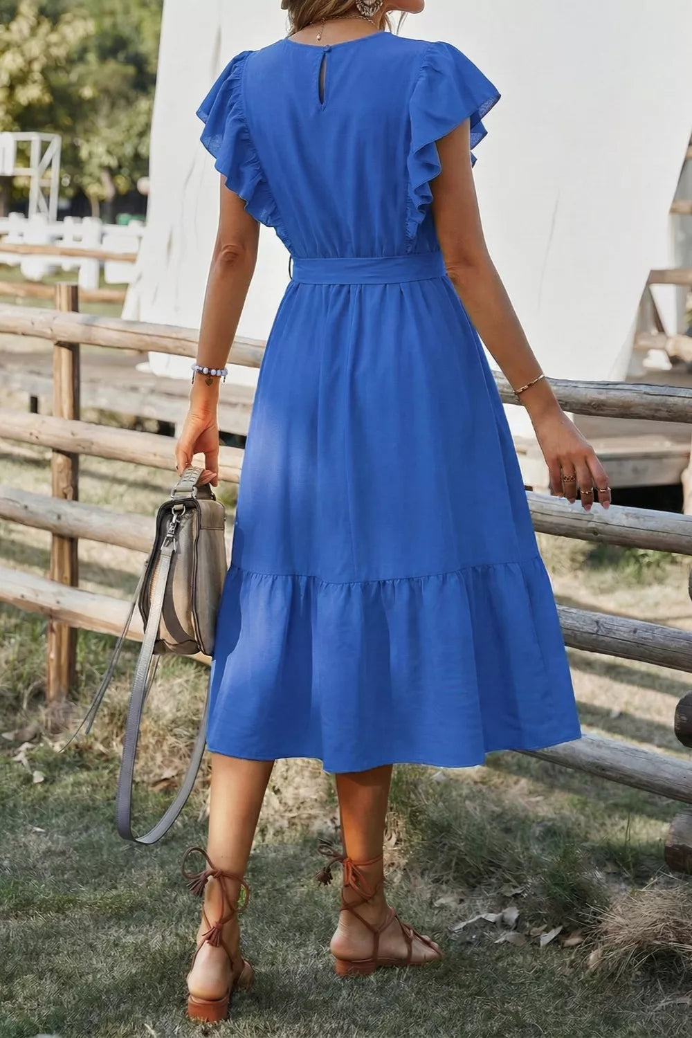 Ruffled Sleeve Tie Waist Midi Dress