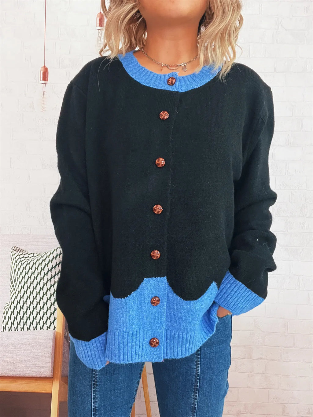Button-Front Contrast Trim Cardigan