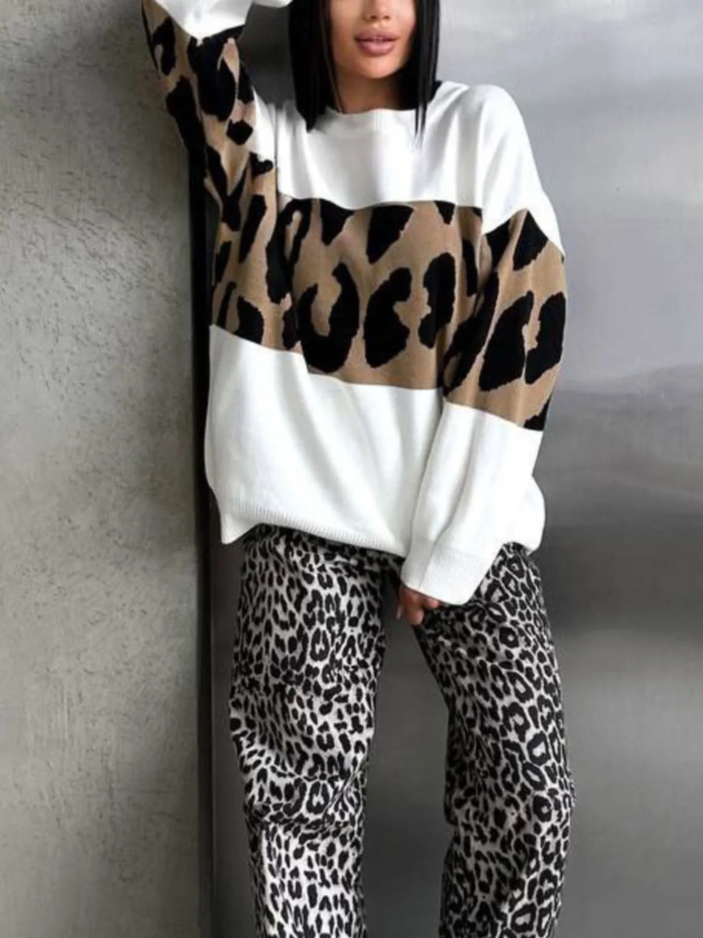 Leopard Color Block Round Neck Sweater
