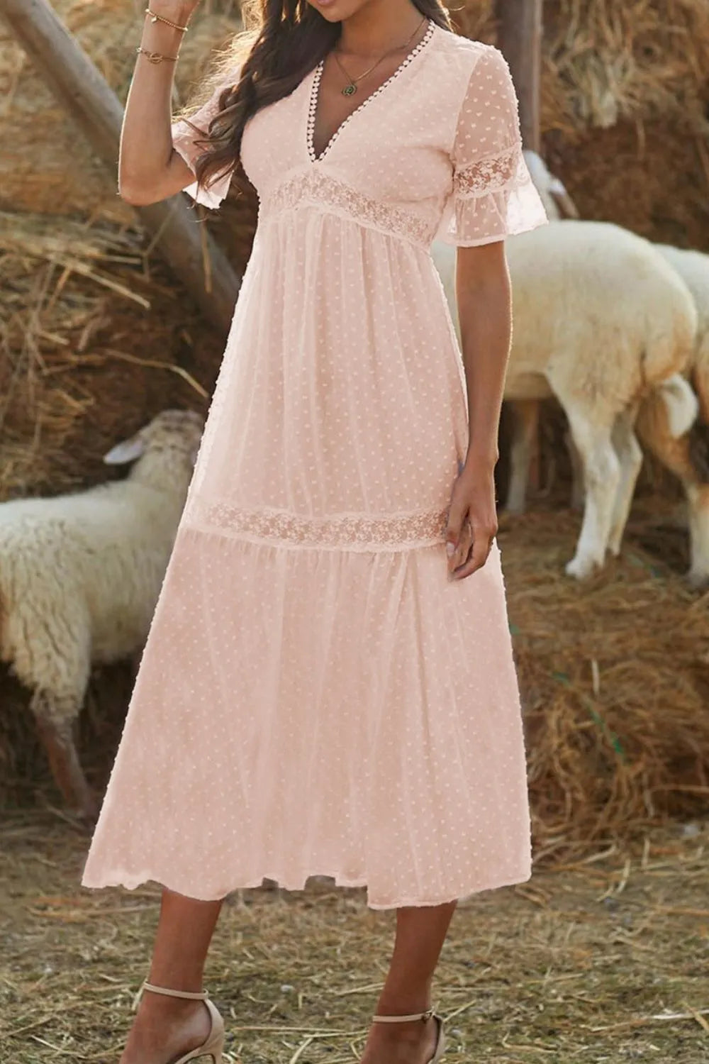 Polka Dot V-Neck Ruffle Midi Dress