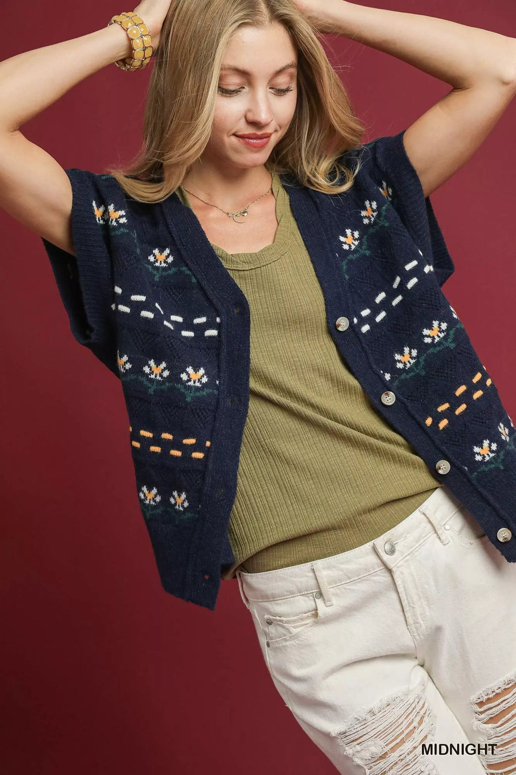Umgee Button-Down Knit Vest with Floral Pattern