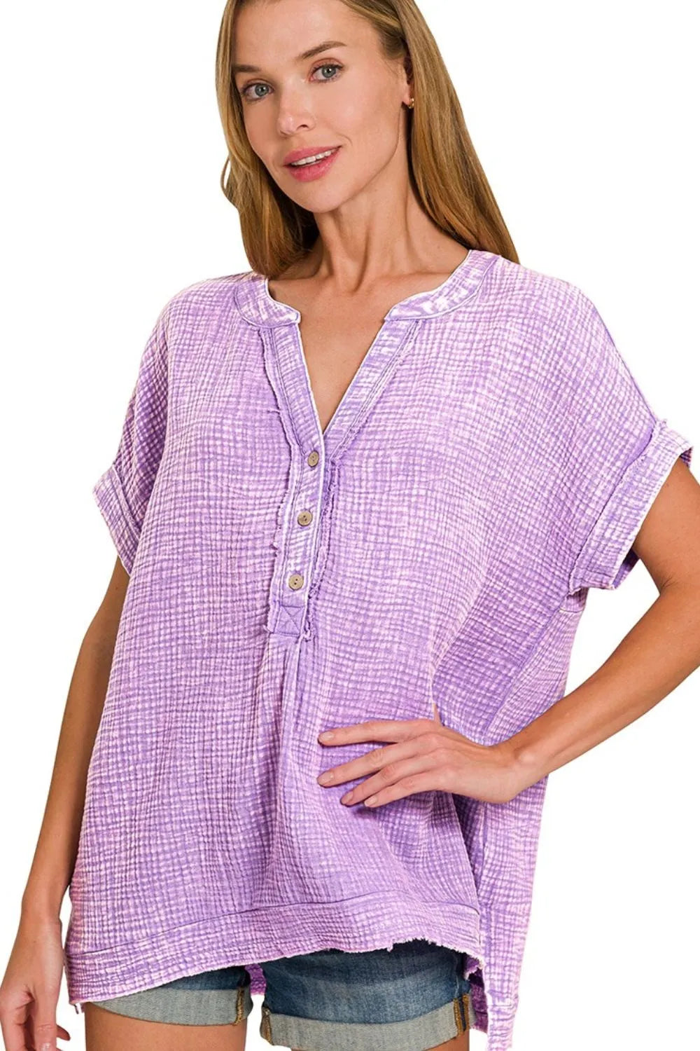 Zenana Washed Double Gauze 3/4 Button Henley Neck Shirt