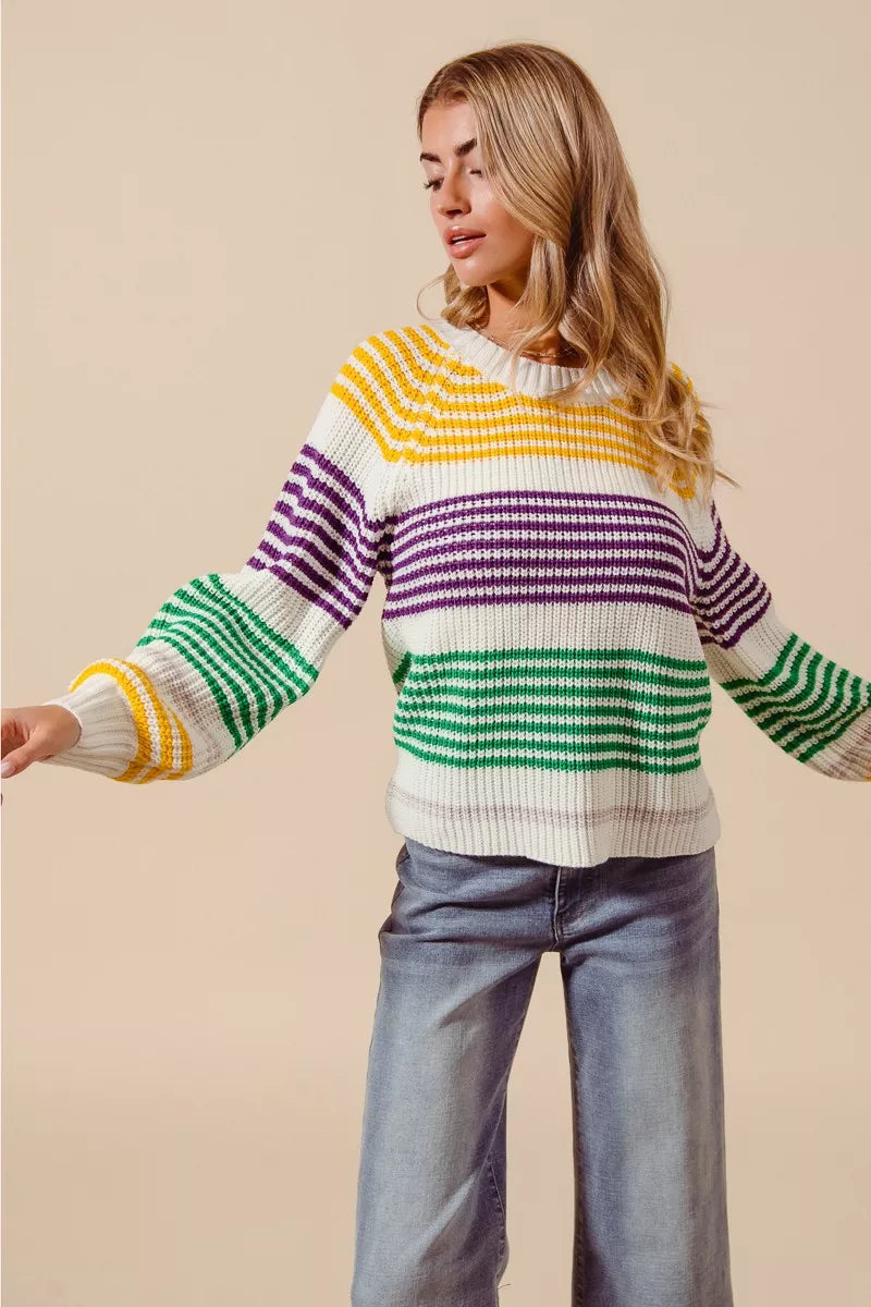 SO ME Mardi Gras Color Striped Raglan Sweater Top