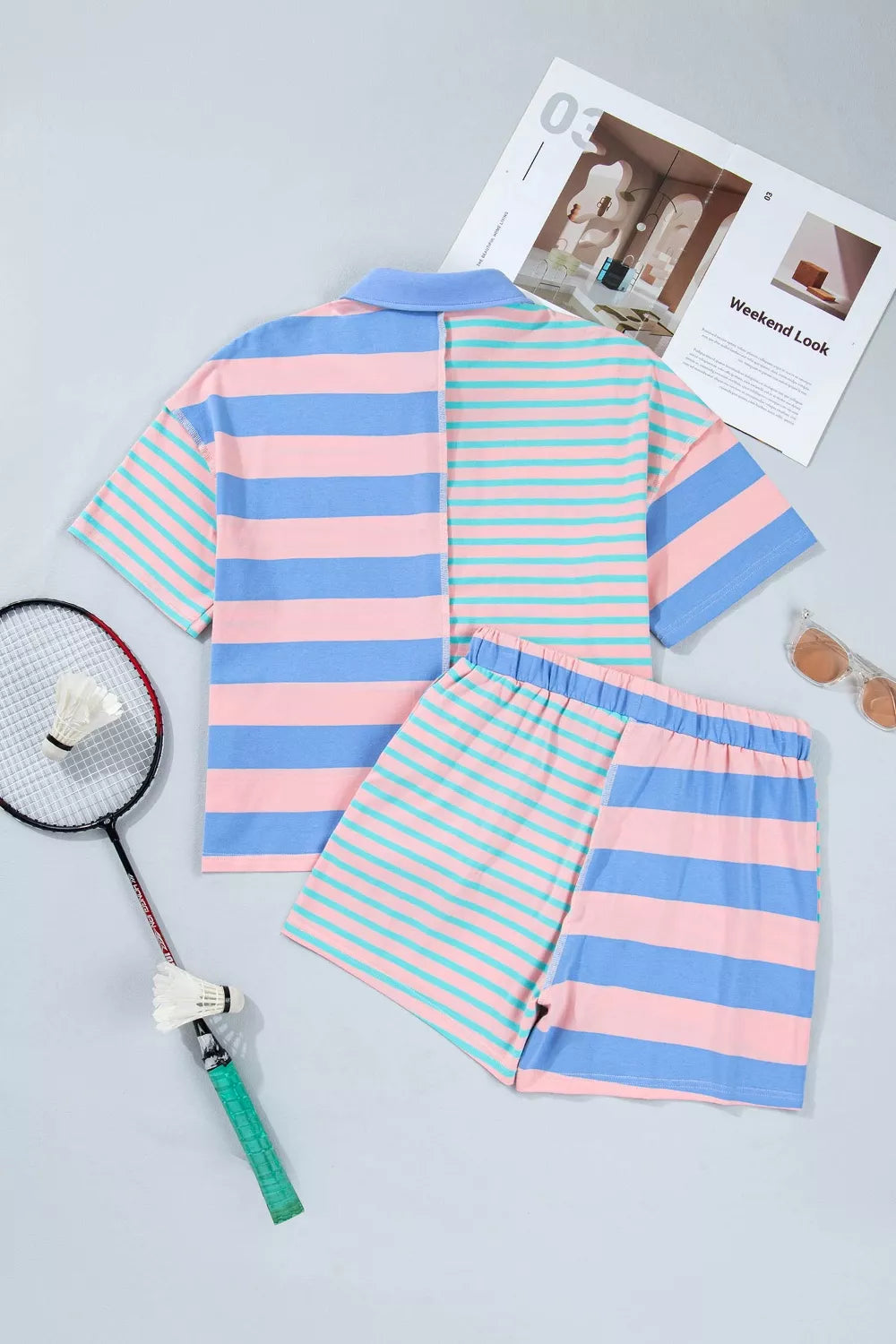 Stripe Exposed Seam Mixed Patchwork Loose Short Set
