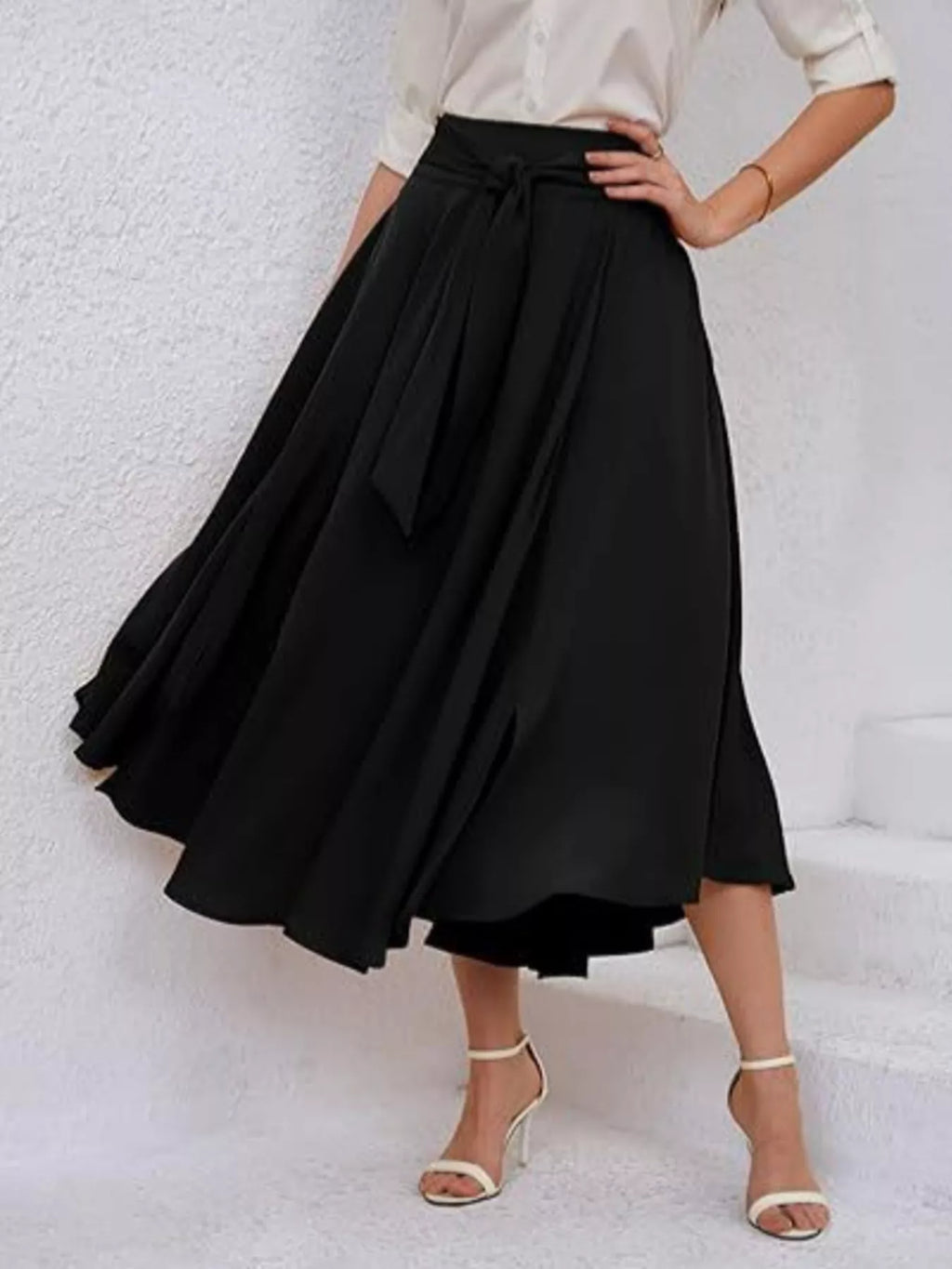 Tie-Waist A-Line Midi Skirt