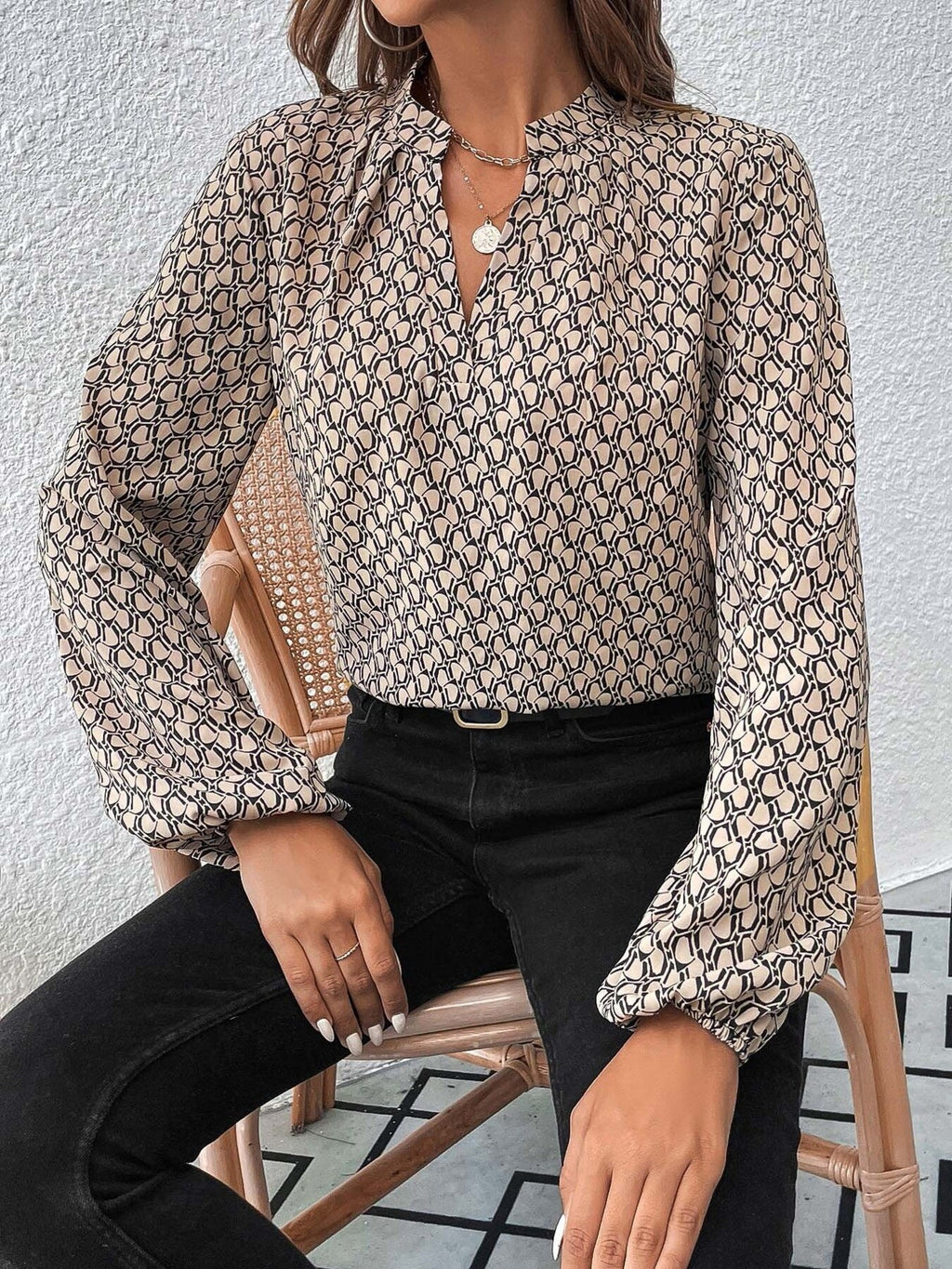 Printed Notched Balloon Sleeve Blouse