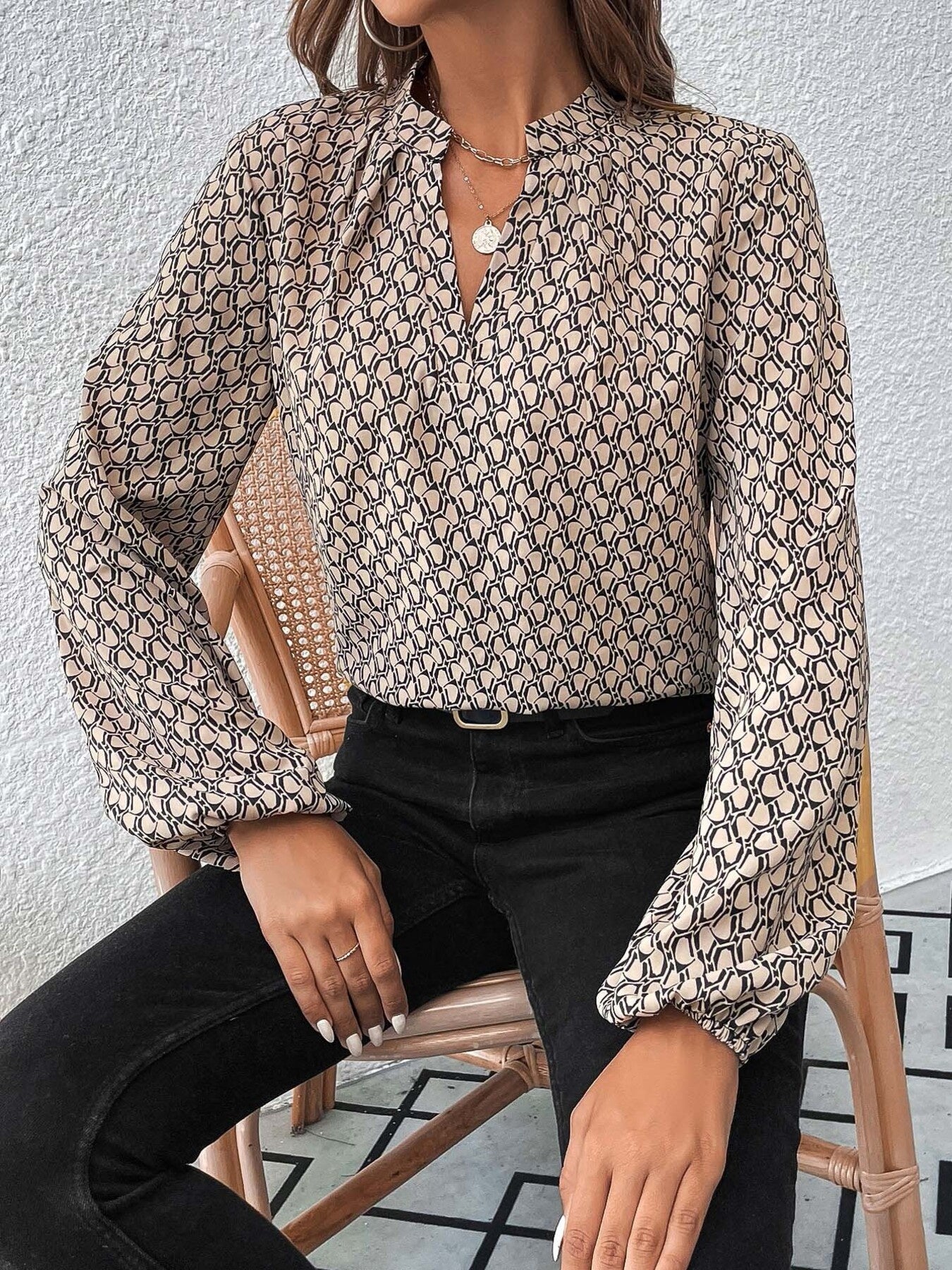 Printed Notched Balloon Sleeve Blouse
